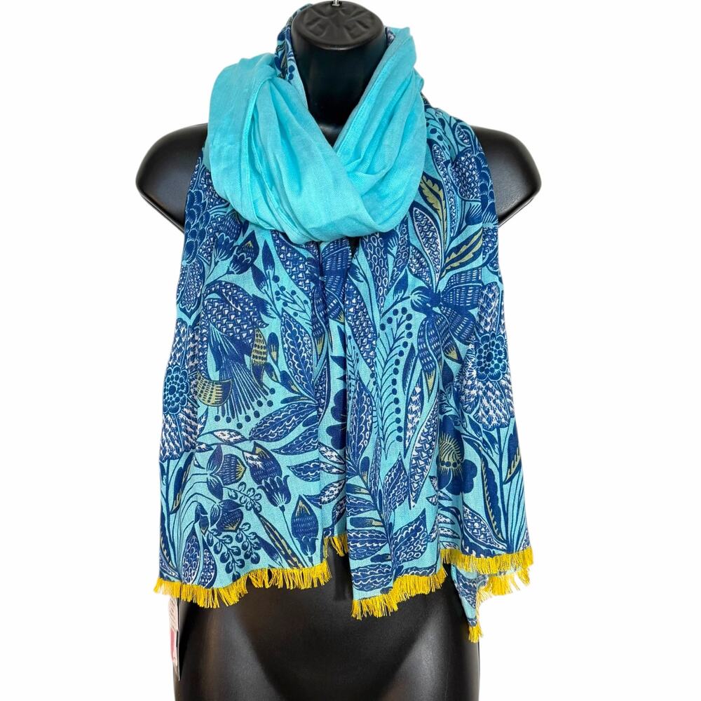 NWT Lands End Floral Scarf Blue Yellow Fringe Trim Acrylic Botanical Shawl Wrap